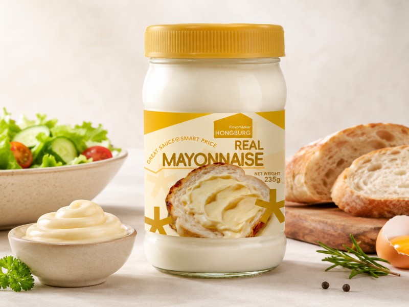 Mayonnaise thật đựng trong lọ thủy tinh
